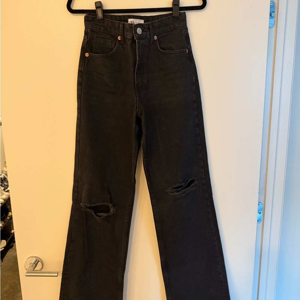 Zara Black Distressed Flare Jeans